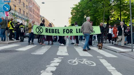 Zeitlupe-Eines-Mannes-Mit-Hund,-Der-An-Einem-Demonstrationsbanner-In-Stockholm-Vorbeigeht