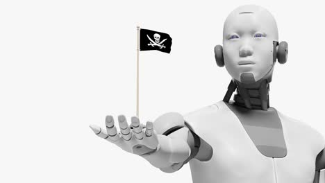 Humanoid-rises-hand-with-pirate-flag-in-palm,-malicious-intentions
