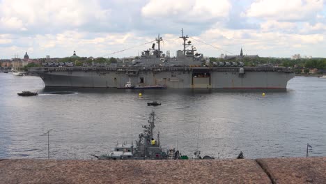 Wide-side-view-of-battleship-USS-Kearsarge-on-visit-in-Sweden,-static