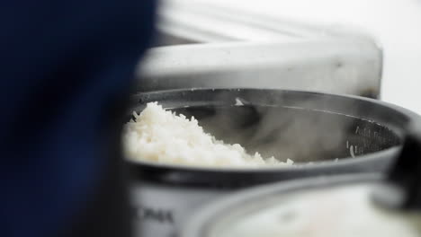 Perfectly-cooked-fluffy-white-rice-scooped-out-onto-plate-from-steaming-rice-cooker,-slow-motion-close-up-4K