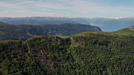 Luftaufnahme,-über-Einen-Von-Bäumen-Gesäumten-Bergrücken,-Mit-Blick-Auf-Schneebedeckte-Berge-Und-Einen-Fjord
