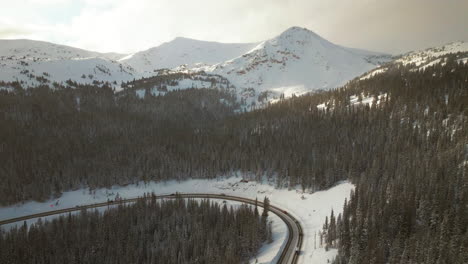 Winter-Park-Berthoud-Pass-i70-scenic-landscape-view-HWY-80-roadside-traffic-aerial-drone-high-elevation-Berthod-Jones-pass-snowy-afternoon-sunset-Colorado-Rocky-Mountains-Peak-forest-forward-motion