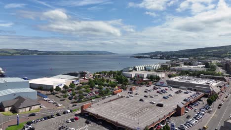 Drone-Shot-of-Greenock-Waterfront-Buildings-Complex-and-Bay,-Scotland-UK