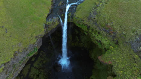 Aerial-View-Of-Kvernufoss-Waterfall-In-Southern-Iceland---Drone-Shot