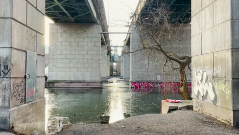 Betonbrücken-Mit-Graffiti-über-Den-Vereisten-Fluss-In-Stockholm