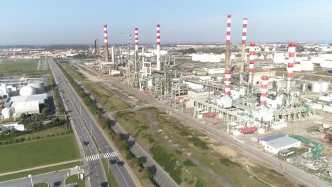 Aerial-Birds-Eye-Drone-View-of-a-Large-Chemical-Products-Refinery-in-Matosinhos,-Portugal