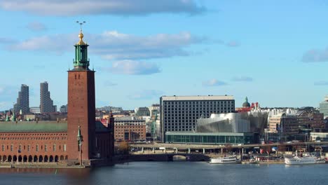 Wide-static-view-of-Stockholm-City-Hall-and-surrounding-area-in-spring