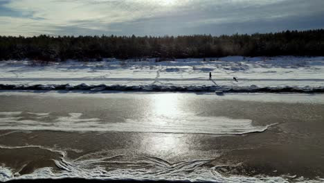 Person,-Die-Mit-Einem-Braun-weißen-Hund-An-Einem-Zugefrorenen-Flussufer-Spazieren-Geht,-Mit-Schneebedeckten-Bäumen-Und-Einem-Bewölkten-Himmel-Im-Hintergrund