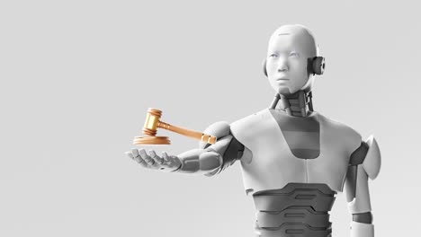 Prototipo-De-Robot-Cibernético-Humanoide-Sosteniendo-Un-Martillo-De-Justicia-De-Juez,-Inteligencia-Artificial-En-El-Debate-Judicial