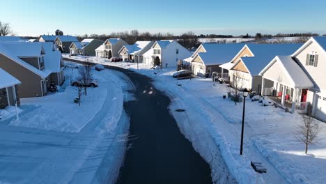 Drone-flight-in-american-residential-area-at-winter-snow