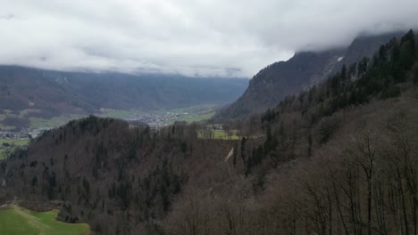 Dolly-past-leafless-jagged-tree-branches-to-establish-ridgeline-with-evergreens-and-small-rural-town-at-base-of-mountain