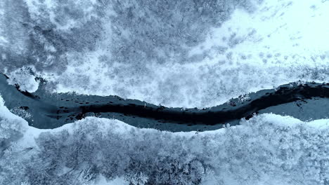 Paisaje-Congelado-Desde-Lo-Alto,-Vista-Aérea-Del-Paisaje-Helado-De-Pleno-Invierno,-Ruptura-Del-Río