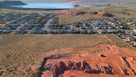 Washington-County,-Utah,-United-States---The-Picturesque-Vista-of-Hurricane-City-Bathed-in-the-Golden-Light-of-the-Hour-Before-Sunset---Aerial-Drone-Shot