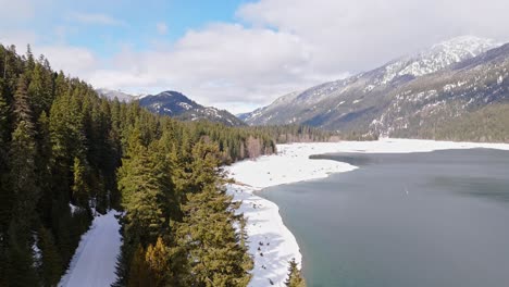 Schwenk-Drohnenaufnahme-Des-Wunderschönen-Lake-Kachess-Mit-Schnee-Im-Bundesstaat-Washington