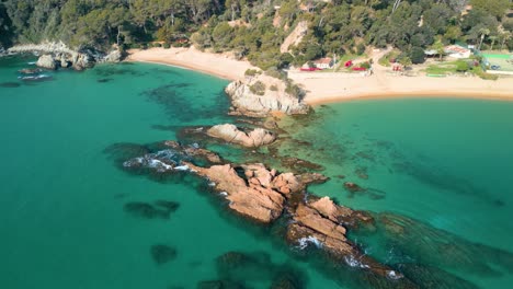 Explore-Lloret-De-Mar's-aerial-wonders,-revealing-the-mesmerizing-blend-of-transparent-blue-waters-and-luxurious-tourist-spots-such-as-Santa-Cristina-and-Cala-Treumal