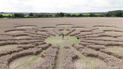 Person-wearing-alien-mask-on-Andover-crop-circle-aerial-view-establishing-reveal-of-molecular-pattern-on-golden-wheat-field