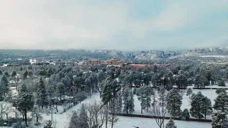 Low-flying-aerial-above-evergreen-trees-and-park-with-view-of-historic-hotel-at-base-of-Rocky-Mountains-in-Colorado