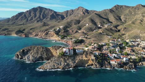 Coast,-Mountains-and-Cliffs-at-Bolnuevo-Beach,-Murcia,-Spain---Aerial-4k