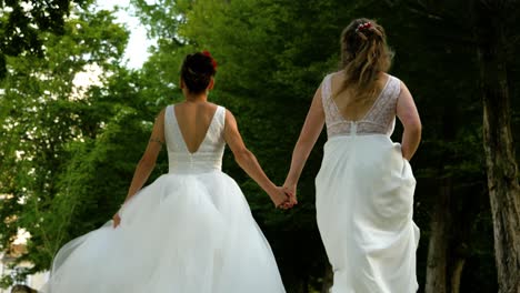 Two-newly-married-young-women-hold-hands-and-run-through-the-meadow,-looking-at-each-other
