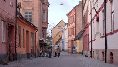 Un-Residente-Lleva-A-Su-Perro-A-Pasear-Por-Una-Calle-Vacía-En-Gamla-Staden,-Malmo