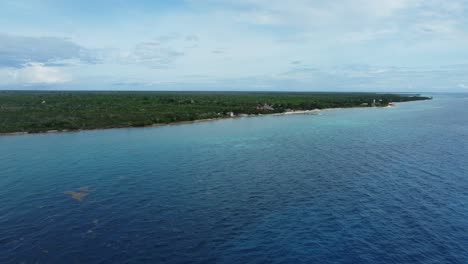 Cozumel's-serene-coastline-with-lush-greenery-and-clear-blue-waters,-bright-daylight,-aerial-view