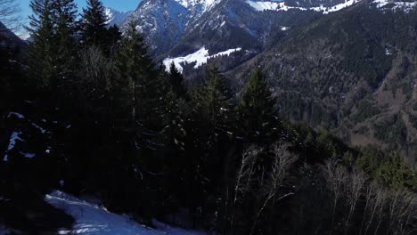 Aerial-view-of-drone-following-snowy-mountain-road-in-winter-and-rise-above-pine-forest-with-snow-capped-mountain-in-background,-High-quality-cinematic-4k-footage