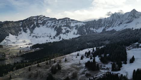 Ascender-Por-Encima-Del-Bosque-De-Pinos-Cubierto-De-Nieve-Con-Líneas-Eléctricas-A-Través-Del-Bosque,-Medio-Derretido-Y-Seco