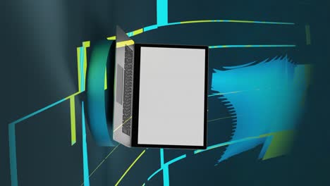 Moderner-Laptop-Mit-Leerem-Weißen-Bildschirm,-Produktpräsentation,-Sonderpreis,-Rabatt,-3D-Rendering-Animation,-High-Tech,-Abstrakter-Binärer-Hintergrund