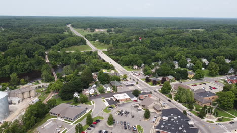 Newaygo-Fremont-Michigan-drone-aerial-footage-downtown-of-buildings-cityscape