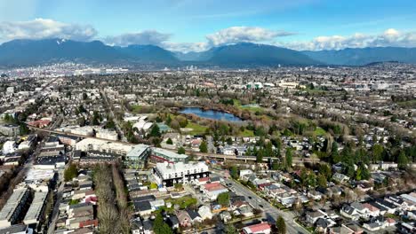 Vista-Panorámica-Sobre-El-área-De-Kingsway-En-Vancouver,-Canadá---Disparo-De-Drone