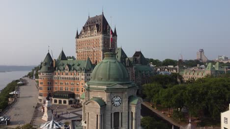 Aerial-view-of-Quebec-CityThe-impressive-Château-Frontenac-most-famous-landmark-drone-fly-close-up-at-sunset