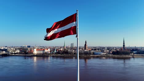 A-waving-Latvian-flag-on-a-flagpole-in-front-of-a-Riga-cityscape-with-modern-high-rise-buildings-made-of-glass-and-metal