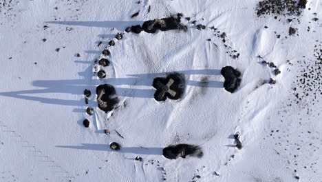 Top-down-rotating-view-of-Stonehenge-monument-in-winter-time-in-Iceland