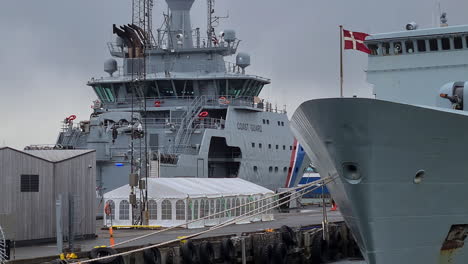 Icelandic-Coast-Guard-Ship-and-Danish-Navy-Patrol-Vessel-in-Harbor-of-Reykjavík,-Iceland