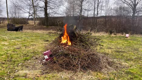 Small-fire-burning-house-trash,-old-tree-branch,-climber-plant-twig-with-smoke