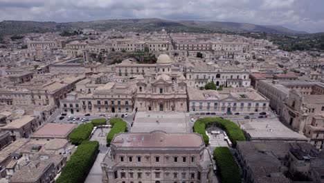 Roman-catholic-cathedral-Noto,-establishing-aerial-toward,-Sicily