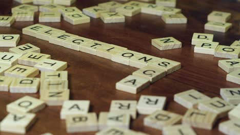 Wooden-game-tiles-on-table-top-form-words-ELECTIONS-and-SCAM,-close-up