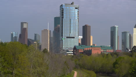 Drone-view-of-the-Buffalo-Bayou-and-the-downtown-Houston-area