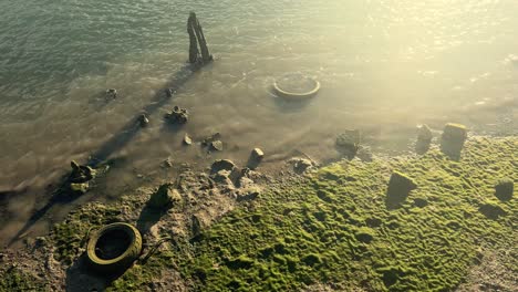 Los-Neumáticos-De-Los-Automóviles-Yacen-A-La-Orilla-Del-Agua,-Bañados-Por-La-Luz-Del-Sol-En-ángulo-Bajo,-Un-Retrato-Evocador-Del-Deterioro.