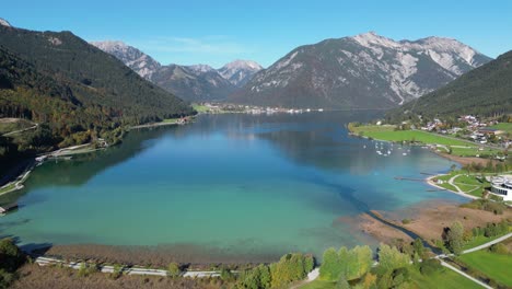 Blue-Mountain-Lake-Achensee-in-Tyrol,-Austria---Aerial-4k