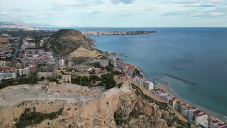 Alicante-Castle-Santa-Barbara-and-Coastline-at-Costa-Blanca,-Spain---Aerial-4k