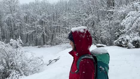 Una-Mujer-Usa-Chaqueta-Caminando-En-La-Nieve-Caminando-Cuesta-Abajo-En-El-Bosque-De-Hircanian-Maravilloso-Paisaje-De-Nieve-Intensa-Lago-Congelado-árboles-Cubiertos-Por-Fuertes-Nevadas-Deporte-De-Invierno-Aventura-Pueblo-Rural-Campo-Irán