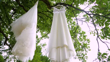 Toma-En-órbita-Baja-De-Una-Novia-Vestida-De-Boda-Colgando-De-Una-Rama-Afuera.