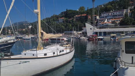 Harbor-of-Herceg-Novi,-Montenegro,-Moored-Boats-and-Sailboats-in-Marina,-Panorama