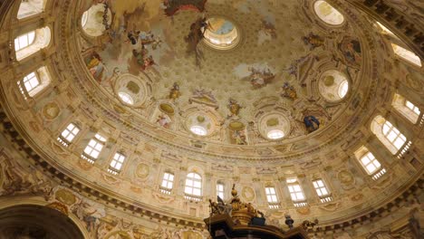 Looking-Up-At-The-Majestic-Dome-of-the-Vicoforte-Sanctuary,-in-the-province-of-Cuneo,-Piedmont,-northern-Italy