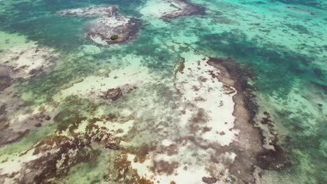 Aerial-tilt-up-view-of-the-lush-green-waters-and-coral-reefs-at-Los-Roques