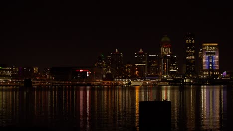 Skyline-Von-Louisville,-Kentucky-Mit-Ohio-River-Bei-Nacht-Mit-Weitwinkelaufnahme-Von-Rechts-Nach-Links