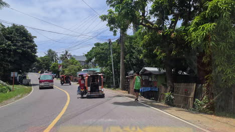 Riding-in-Tricycle-on-Roads-of-Boracay-Island,-Philippines,-Passenger-Point-of-View