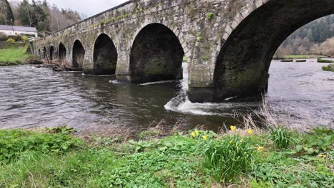 Fluss-Nore-Fließt-Unter-Inistioge-Brücke-Mit-Bäumen-Unter-Den-Bögen-Gefangen-Nach-Einem-Wintersturm