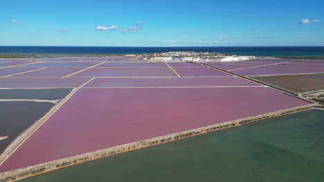 Pink-Purple-Water-at-Salt-Mining-Lake-in-Los-Cuarteros,-Mar-Menor,-Murcia,-Spain---Aerial-4k